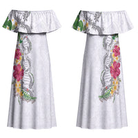 Hawaii DNA Kakau Tattoo Family Matching Off Shoulder Maxi Dress and Hawaiian Shirt with Plumeria and Hibiscus Tropical Plants White Color LT03 Mom's Dress White - Polynesian Pride