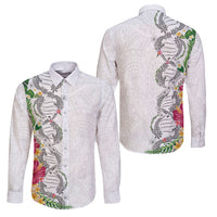 Hawaii DNA Kakau Tattoo Family Matching Off Shoulder Short Dress and Hawaiian Shirt with Plumeria and Hibiscus Tropical Plants White Color LT03 Dad's Shirt - Long Sleeve White - Polynesian Pride