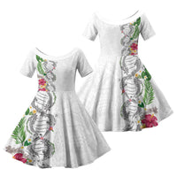 Hawaii DNA Kakau Tattoo Family Matching Puletasi and Hawaiian Shirt with Plumeria and Hibiscus Tropical Plants White Color LT03 Daughter's Dress White - Polynesian Pride