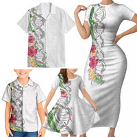 Hawaii DNA Kakau Tattoo Family Matching Short Sleeve Bodycon Dress and Hawaiian Shirt with Plumeria and Hibiscus Tropical Plants White Color LT03 - Polynesian Pride