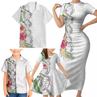 Hawaii DNA Kakau Tattoo Family Matching Short Sleeve Bodycon Dress and Hawaiian Shirt with Plumeria and Hibiscus Tropical Plants White Color