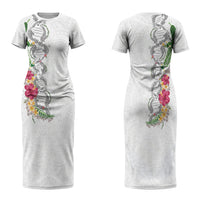 Hawaii DNA Kakau Tattoo Family Matching Short Sleeve Bodycon Dress and Hawaiian Shirt with Plumeria and Hibiscus Tropical Plants White Color LT03 Mom's Dress White - Polynesian Pride
