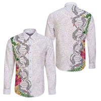 Hawaii DNA Kakau Tattoo Family Matching Tank Maxi Dress and Hawaiian Shirt with Plumeria and Hibiscus Tropical Plants White Color LT03 Dad's Shirt - Long Sleeve White - Polynesian Pride
