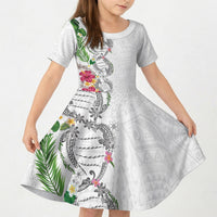 Hawaii DNA Kakau Tattoo Kid Short Sleeve Dress with Plumeria and Hibiscus Tropical Plants White Color LT03 KID White - Polynesian Pride