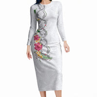 Hawaii DNA Kakau Tattoo Long Sleeve Bodycon Dress with Plumeria and Hibiscus Tropical Plants White Color LT03 Long Dress White - Polynesian Pride