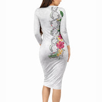 Hawaii DNA Kakau Tattoo Long Sleeve Bodycon Dress with Plumeria and Hibiscus Tropical Plants White Color LT03 - Polynesian Pride