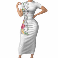 Hawaii DNA Kakau Tattoo Short Sleeve Bodycon Dress with Plumeria and Hibiscus Tropical Plants White Color LT03 Long Dress White - Polynesian Pride