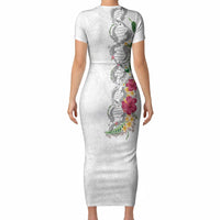 Hawaii DNA Kakau Tattoo Short Sleeve Bodycon Dress with Plumeria and Hibiscus Tropical Plants White Color LT03 - Polynesian Pride