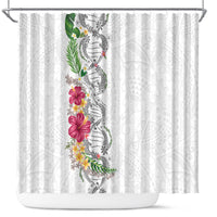 Hawaii DNA Kakau Tattoo Shower Curtain with Plumeria and Hibiscus Tropical Plants White Color