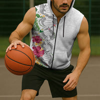 Hawaii DNA Kakau Tattoo Sleeveless Zip Hoodie with Plumeria and Hibiscus Tropical Plants White Color