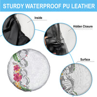 Hawaii DNA Kakau Tattoo Spare Tire Cover with Plumeria and Hibiscus Tropical Plants White Color