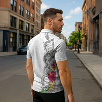 Hawaii DNA Kakau Tattoo Zipper Polo Shirt with Plumeria and Hibiscus Tropical Plants White Color