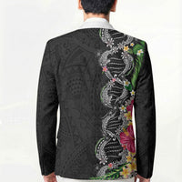 Hawaii DNA Kakau Tattoo Blazer with Plumeria and Hibiscus Tropical Plants Black Color