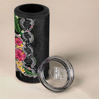 Hawaii DNA Kakau Tattoo 4 in 1 Can Cooler Tumbler with Plumeria and Hibiscus Tropical Plants Black Color