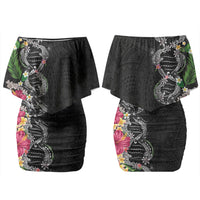 Hawaii DNA Kakau Tattoo Couples Matching Off Shoulder Short Dress and Hawaiian Shirt with Plumeria and Hibiscus Tropical Plants Black Color