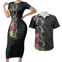 Hawaii DNA Kakau Tattoo Couples Matching Short Sleeve Bodycon Dress and Hawaiian Shirt with Plumeria and Hibiscus Tropical Plants Black Color LT03 Black - Polynesian Pride