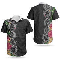 Hawaii DNA Kakau Tattoo Couples Matching Short Sleeve Bodycon Dress and Hawaiian Shirt with Plumeria and Hibiscus Tropical Plants Black Color LT03 - Polynesian Pride