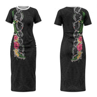 Hawaii DNA Kakau Tattoo Couples Matching Short Sleeve Bodycon Dress and Hawaiian Shirt with Plumeria and Hibiscus Tropical Plants Black Color LT03 - Polynesian Pride