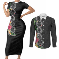 Hawaii DNA Kakau Tattoo Couples Matching Short Sleeve Bodycon Dress and Long Sleeve Button Shirt with Plumeria and Hibiscus Tropical Plants Black Color