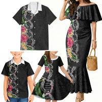 Hawaii DNA Kakau Tattoo Family Matching Mermaid Dress and Hawaiian Shirt with Plumeria and Hibiscus Tropical Plants Black Color LT03 - Polynesian Pride