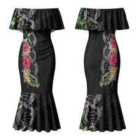Hawaii DNA Kakau Tattoo Family Matching Mermaid Dress and Hawaiian Shirt with Plumeria and Hibiscus Tropical Plants Black Color LT03 Mom's Dress Black - Polynesian Pride