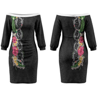 Hawaii DNA Kakau Tattoo Family Matching Off The Shoulder Long Sleeve Dress and Hawaiian Shirt with Plumeria and Hibiscus Tropical Plants Black Color