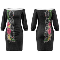 Hawaii DNA Kakau Tattoo Family Matching Off The Shoulder Long Sleeve Dress and Hawaiian Shirt with Plumeria and Hibiscus Tropical Plants Black Color LT03 Mom's Dress Black - Polynesian Pride