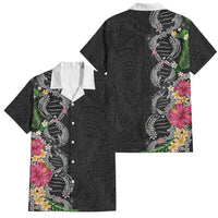 Hawaii DNA Kakau Tattoo Family Matching Off The Shoulder Long Sleeve Dress and Hawaiian Shirt with Plumeria and Hibiscus Tropical Plants Black Color LT03 Dad's Shirt - Short Sleeve Black - Polynesian Pride