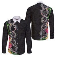 Hawaii DNA Kakau Tattoo Family Matching Off Shoulder Maxi Dress and Hawaiian Shirt with Plumeria and Hibiscus Tropical Plants Black Color LT03 Dad's Shirt - Long Sleeve Black - Polynesian Pride
