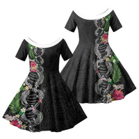 Hawaii DNA Kakau Tattoo Family Matching Off Shoulder Short Dress and Hawaiian Shirt with Plumeria and Hibiscus Tropical Plants Black Color LT03 Daughter's Dress Black - Polynesian Pride