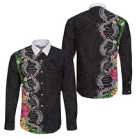 Hawaii DNA Kakau Tattoo Family Matching Short Sleeve Bodycon Dress and Hawaiian Shirt with Plumeria and Hibiscus Tropical Plants Black Color LT03 Dad's Shirt - Long Sleeve Black - Polynesian Pride