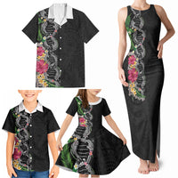 Hawaii DNA Kakau Tattoo Family Matching Tank Maxi Dress and Hawaiian Shirt with Plumeria and Hibiscus Tropical Plants Black Color