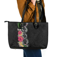 Hawaii DNA Kakau Tattoo Leather Tote Bag with Plumeria and Hibiscus Tropical Plants Black Color