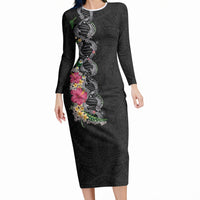 Hawaii DNA Kakau Tattoo Long Sleeve Bodycon Dress with Plumeria and Hibiscus Tropical Plants Black Color LT03 Long Dress Black - Polynesian Pride