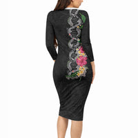 Hawaii DNA Kakau Tattoo Long Sleeve Bodycon Dress with Plumeria and Hibiscus Tropical Plants Black Color LT03 - Polynesian Pride