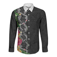 Hawaii DNA Kakau Tattoo Long Sleeve Button Shirt with Plumeria and Hibiscus Tropical Plants Black Color LT03 Unisex Black - Polynesian Pride