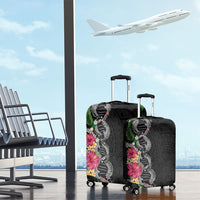 Hawaii DNA Kakau Tattoo Luggage Cover with Plumeria and Hibiscus Tropical Plants Black Color