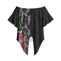 Hawaii DNA Kakau Tattoo Off Shoulder Wrap Waist Top with Plumeria and Hibiscus Tropical Plants Black Color LT03 Black - Polynesian Pride
