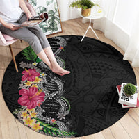 Hawaii DNA Kakau Tattoo Round Carpet with Plumeria and Hibiscus Tropical Plants Black Color