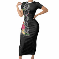 Hawaii DNA Kakau Tattoo Short Sleeve Bodycon Dress with Plumeria and Hibiscus Tropical Plants Black Color LT03 Long Dress Black - Polynesian Pride