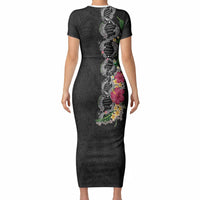 Hawaii DNA Kakau Tattoo Short Sleeve Bodycon Dress with Plumeria and Hibiscus Tropical Plants Black Color LT03 - Polynesian Pride