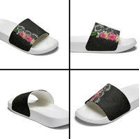 Hawaii DNA Kakau Tattoo Slide Sandals with Plumeria and Hibiscus Tropical Plants Black Color