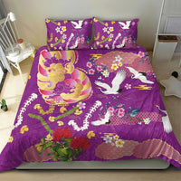 Hawaiian and Japanese Culture Together Bedding Set Kakau Tribal Pattern and Irezumi Art Purple Color