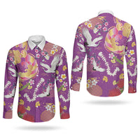 Hawaiian and Japanese Culture Together Couples Matching Tank Maxi Dress and Long Sleeve Button Shirt Kakau Tribal Pattern and Irezumi Art Purple Color