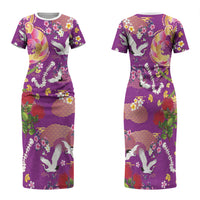 Hawaiian and Japanese Culture Together Family Matching Short Sleeve Bodycon Dress and Hawaiian Shirt Kakau Tribal Pattern and Irezumi Art Purple Color LT03 Mom's Dress Purple - Polynesian Pride