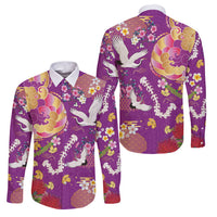 Hawaiian and Japanese Culture Together Family Matching Short Sleeve Bodycon Dress and Hawaiian Shirt Kakau Tribal Pattern and Irezumi Art Purple Color LT03 Dad's Shirt - Long Sleeve Purple - Polynesian Pride