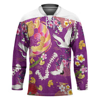 Hawaiian and Japanese Culture Together Hockey Jersey Kakau Tribal Pattern and Irezumi Art Purple Color