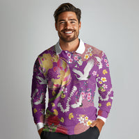 Hawaiian and Japanese Culture Together Long Sleeve Polo Shirt Kakau Tribal Pattern and Irezumi Art Purple Color