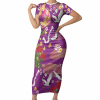 Hawaiian and Japanese Culture Together Short Sleeve Bodycon Dress Kakau Tribal Pattern and Irezumi Art Purple Color LT03 Long Dress Purple - Polynesian Pride