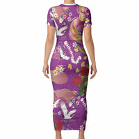 Hawaiian and Japanese Culture Together Short Sleeve Bodycon Dress Kakau Tribal Pattern and Irezumi Art Purple Color LT03 - Polynesian Pride